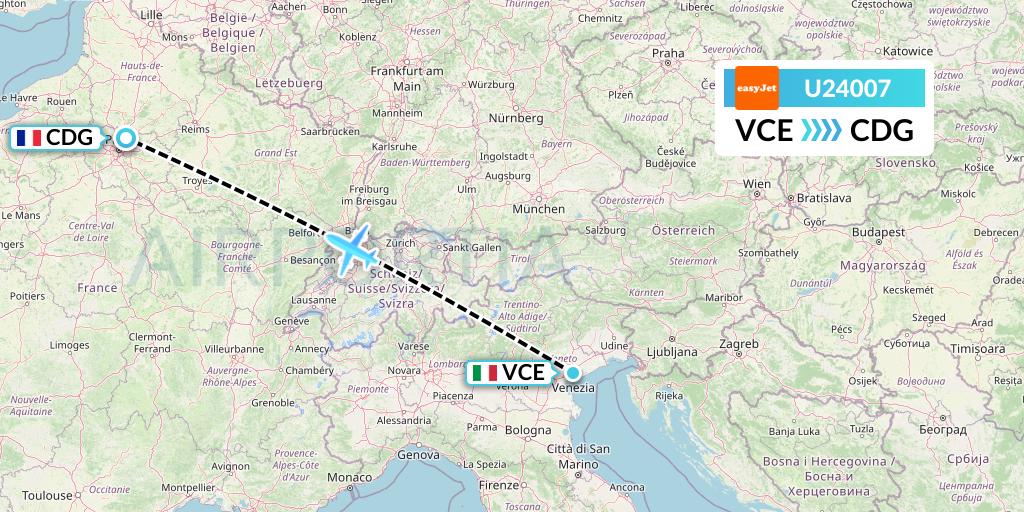 U24007 EasyJet Flight Map: Venice to Paris
