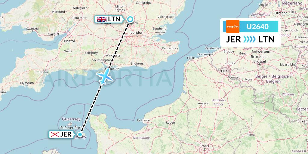 U2640 EasyJet Flight Map: Jersey to London