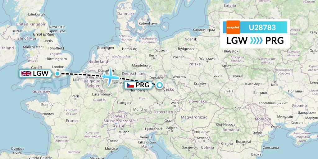 U28783 EasyJet Flight Map: London to Prague