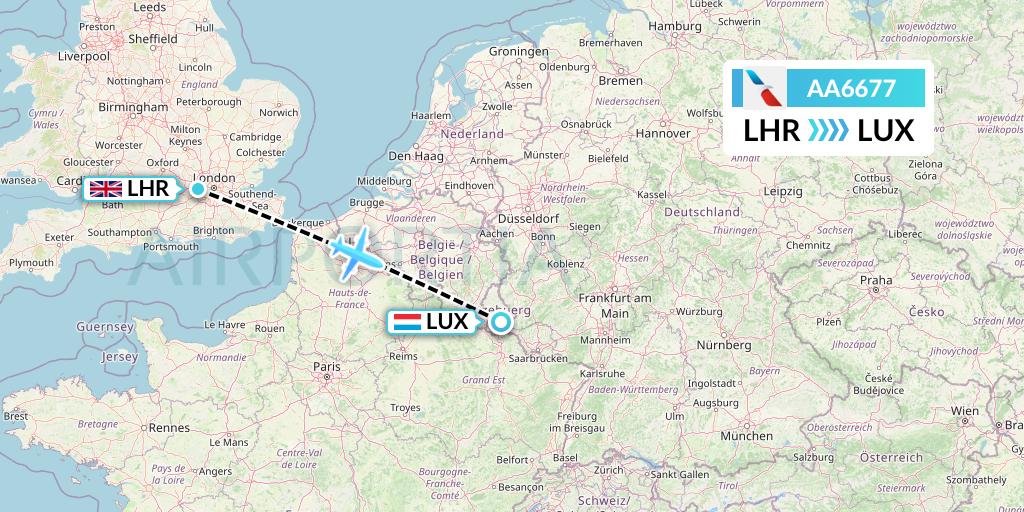 AA6677 American Airlines Flight Map: London to Luxembourg