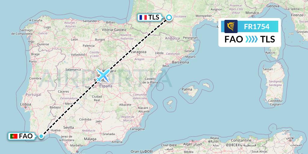 FR1754 Ryanair Flight Map: Faro to Toulouse