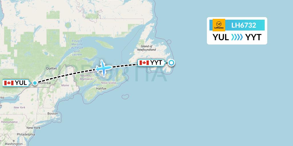 LH6732 Lufthansa Flight Map: Montreal to St. John's