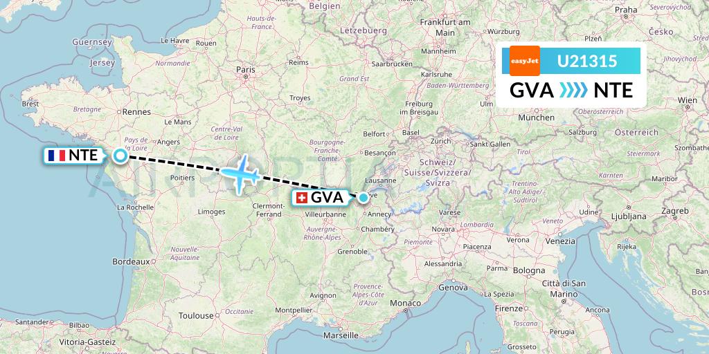 U21315 EasyJet Flight Map: Geneva to Nantes