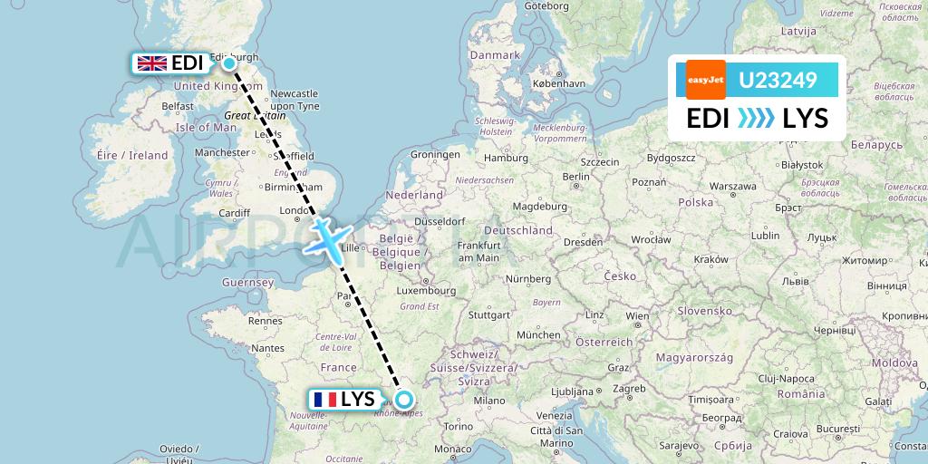 U23249 EasyJet Flight Map: Edinburgh to Lyon