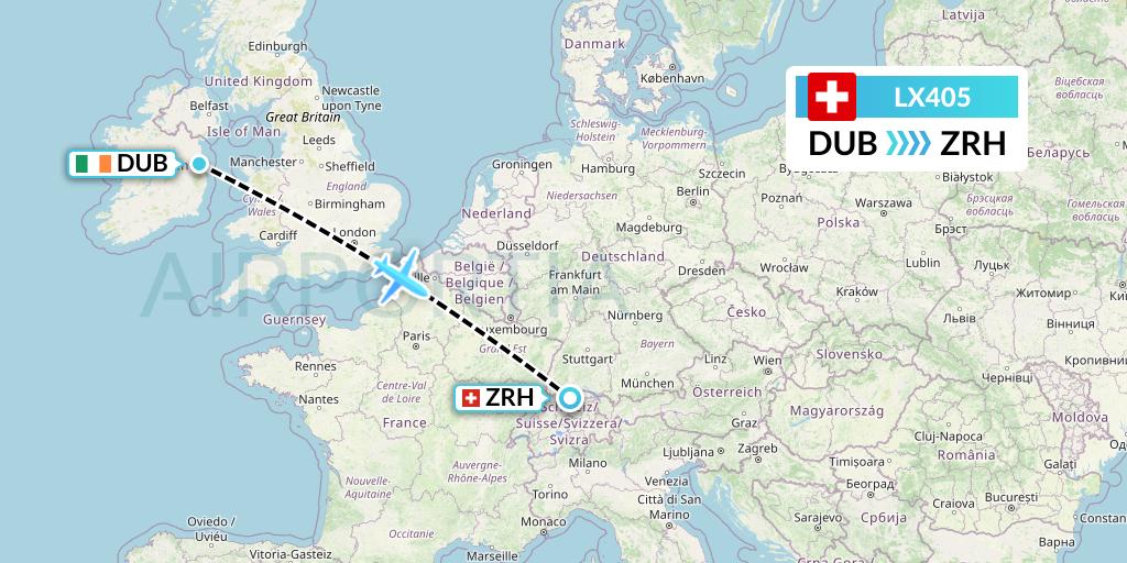 LX405 Swiss Flight Map: Dublin to Zurich
