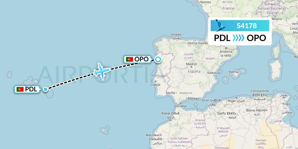 S4178 Azores Airlines Flight Map: Ponta Delgada to Porto