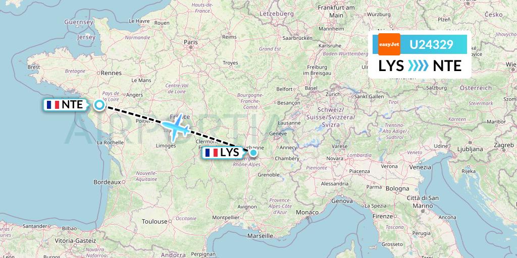 U24329 EasyJet Flight Map: Lyon to Nantes