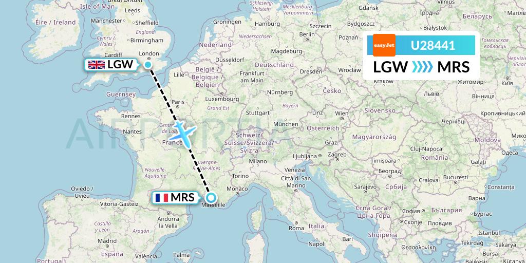 U28441 EasyJet Flight Map: London to Marseille