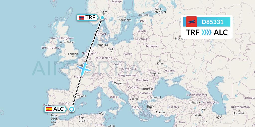 D85331 Norwegian Air International Flight Map: Oslo to Alicante