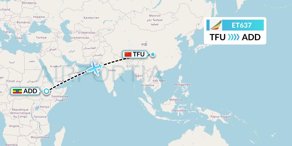 ET637 Ethiopian Airlines Flight Map: Chengdu to Addis Ababa