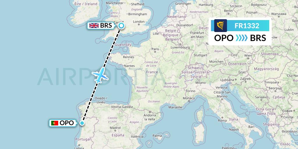 FR1332 Ryanair Flight Map: Porto to Bristol