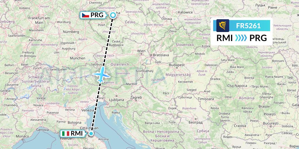 FR5261 Ryanair Flight Map: Rimini to Prague