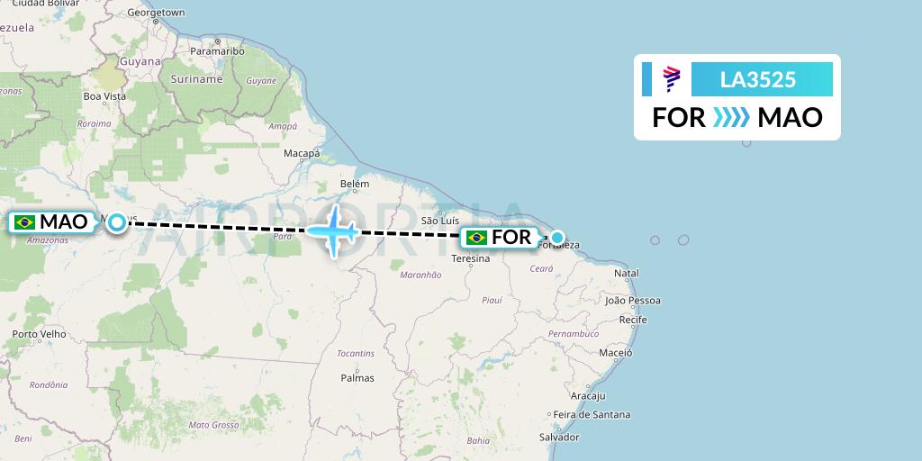 LA3525 LAN Airlines Flight Map: Fortaleza to Manaus