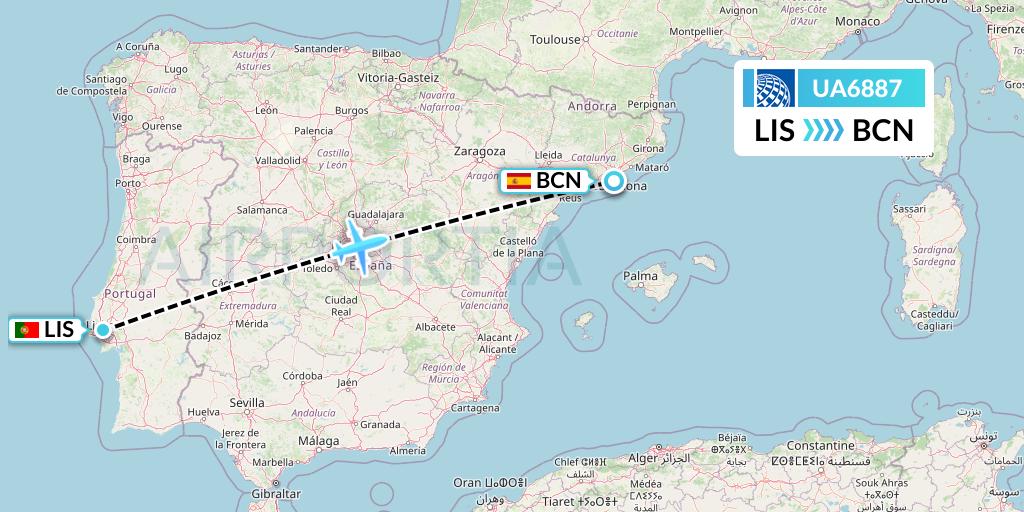 UA6887 United Airlines Flight Map: Lisbon to Barcelona