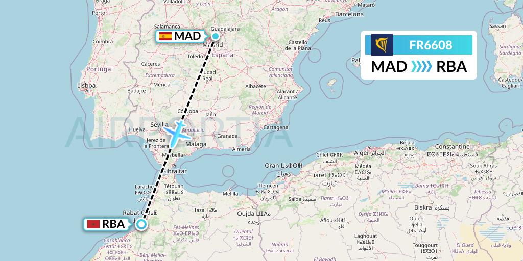 FR6608 Ryanair Flight Map: Madrid to Rabat