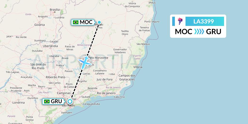 LA3399 LAN Airlines Flight Map: Montes Claros to Sao Paulo