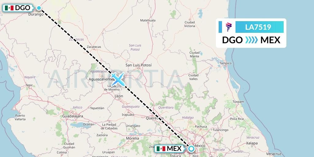 LA7519 LAN Airlines Flight Map: Durango to Mexico City