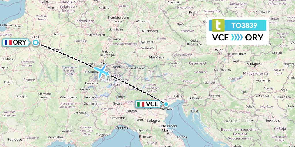 TO3839 Transavia France Flight Map: Venice to Paris