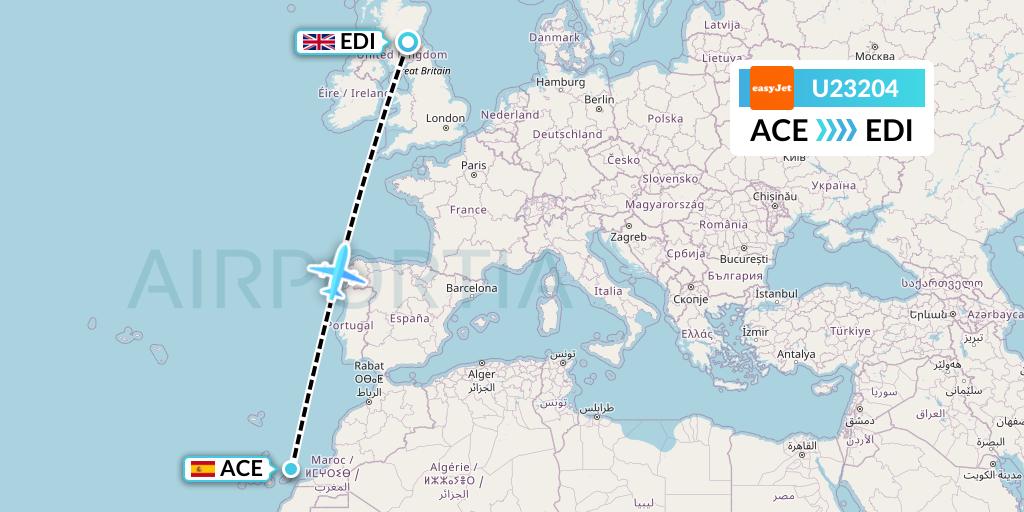 U23204 EasyJet Flight Map: Lanzarote to Edinburgh