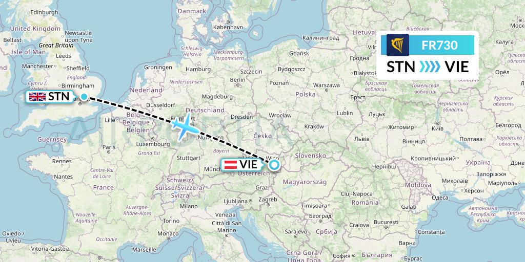 FR730 Ryanair Flight Map: London to Vienna