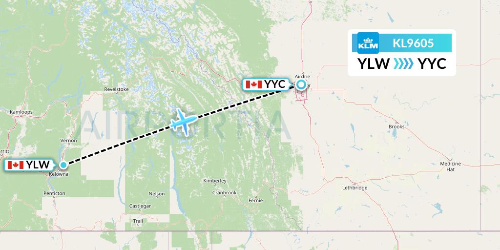KL9605 KLM Flight Map: Kelowna to Calgary