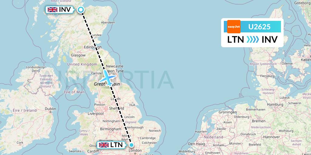 U2625 EasyJet Flight Map: London to Inverness