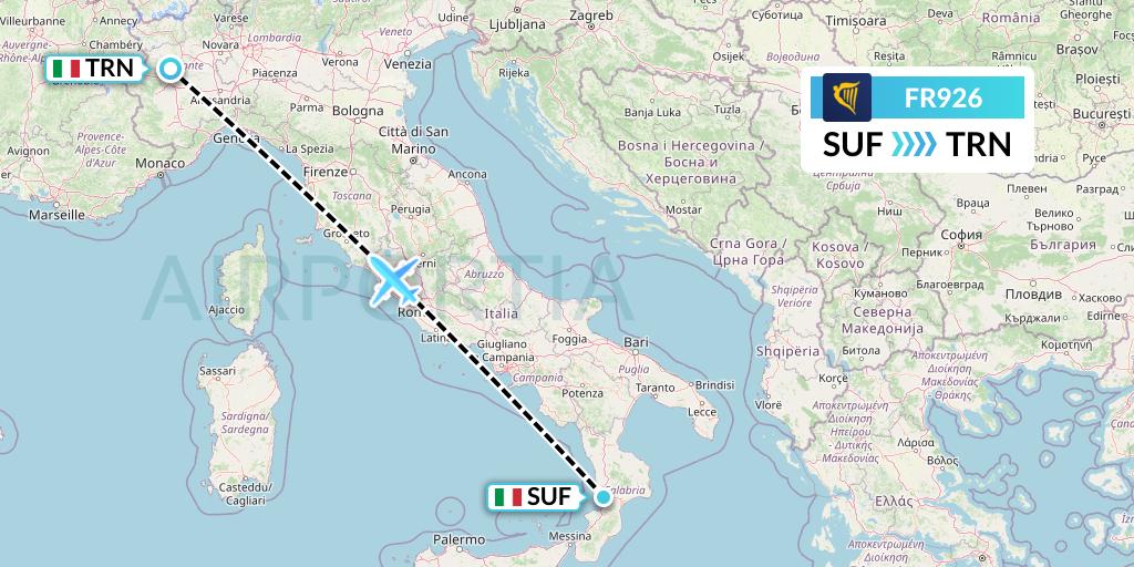 FR926 Ryanair Flight Map: Lamezia Terme to Turin