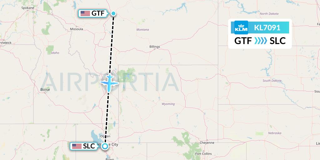 KL7091 KLM Flight Map: Great Falls to Salt Lake City