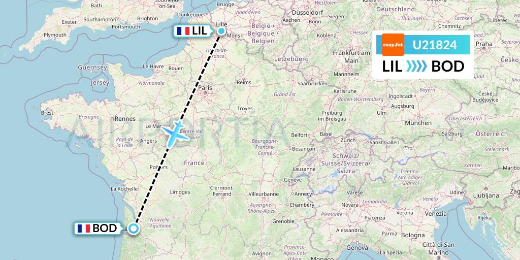 U21824 EasyJet Flight Map: Lille to Bordeaux