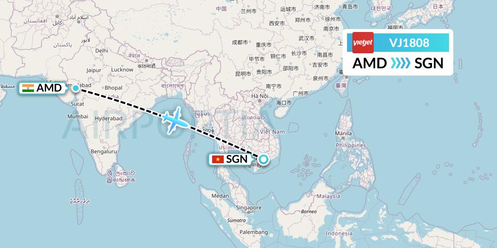 VJ1808 VietJet Air Flight Map: Ahmedabad to Ho Chi Minh City