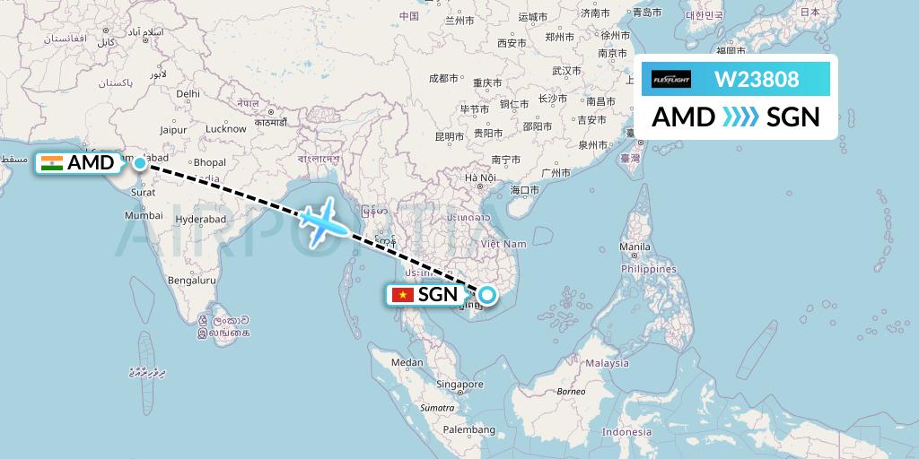 W23808 Flex Flight Flight Map: Ahmedabad to Ho Chi Minh City