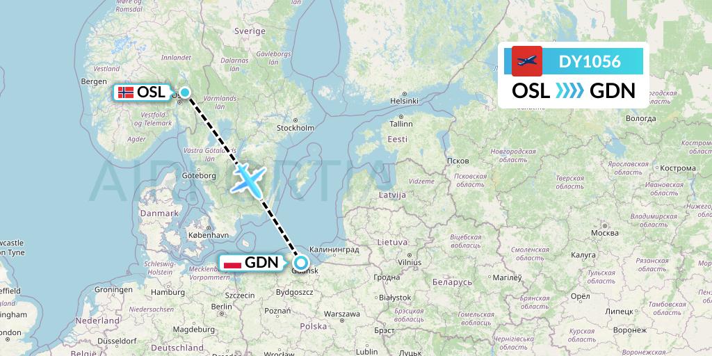 DY1056 Norwegian Flight Map: Oslo to Gdansk