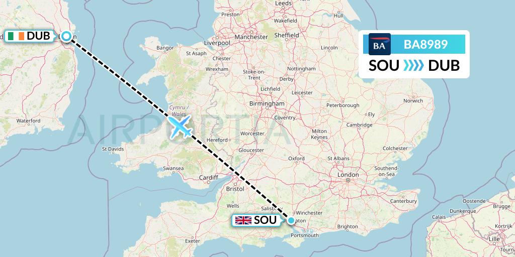 BA8989 British Airways Flight Map: Southampton to Dublin