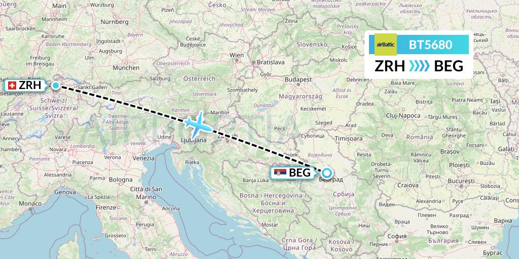 BT5680 Air Baltic Flight Map: Zurich to Belgrade