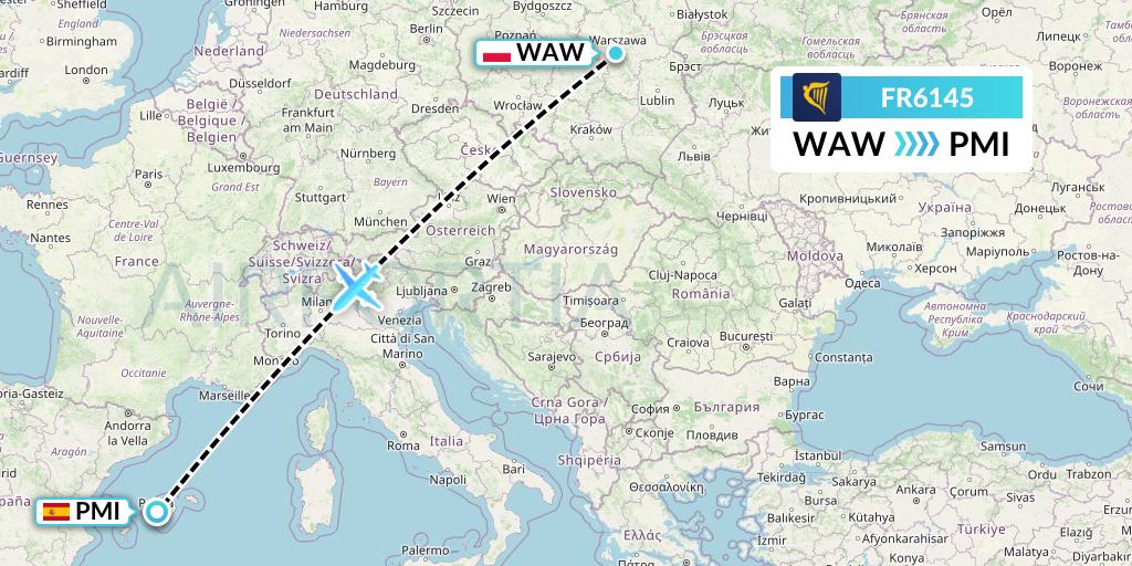 FR6145 Ryanair Flight Map: Warsaw to Palma de Mallorca
