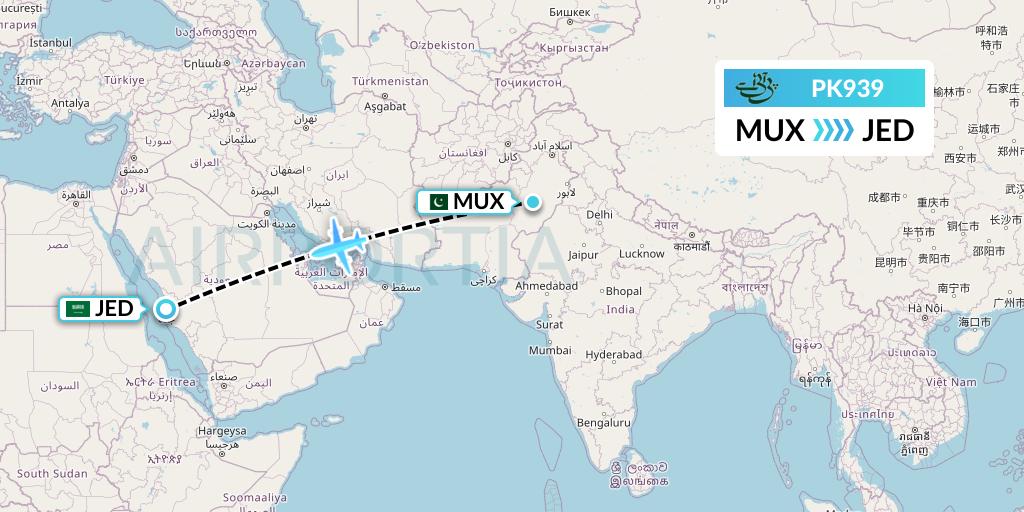 PK939 Pakistan International Airlines Flight Map: Multan to Jeddah