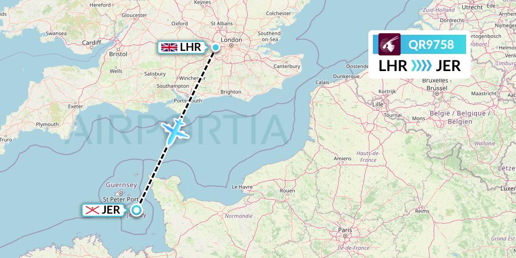 QR9758 Qatar Airways Flight Map: London to Jersey
