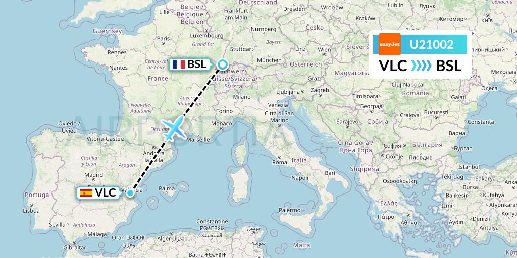 U21002 EasyJet Flight Map: Valencia to Basel