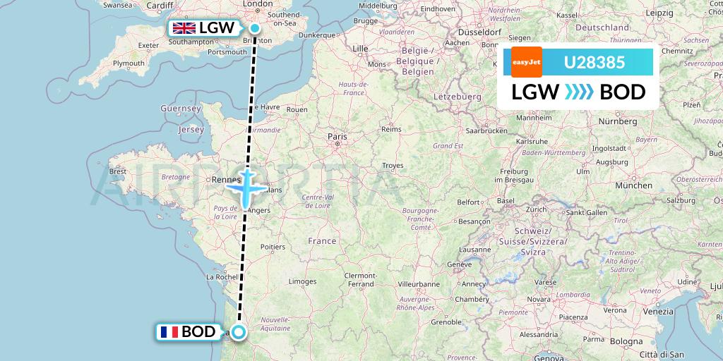 U28385 EasyJet Flight Map: London to Bordeaux