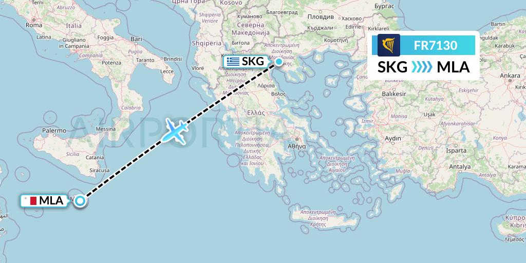 FR7130 Ryanair Flight Map: Thessaloniki to Malta