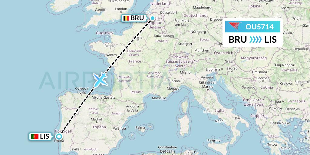 OU5714 Croatia Airlines Flight Map: Brussels to Lisbon