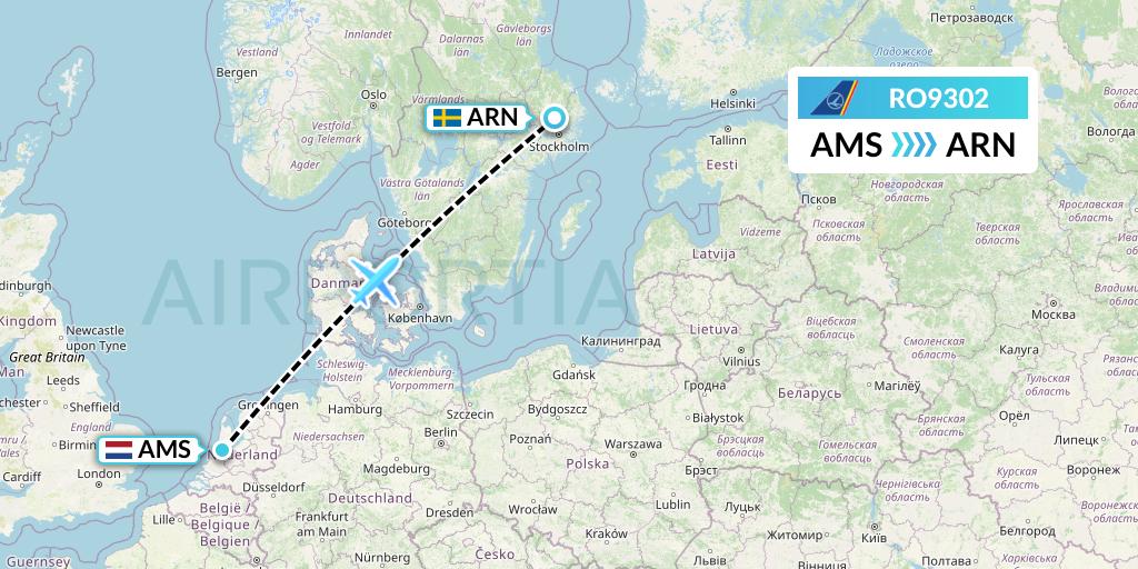 RO9302 Tarom Flight Map: Amsterdam to Stockholm