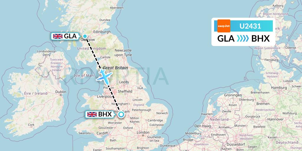 U2431 EasyJet Flight Map: Glasgow to Birmingham