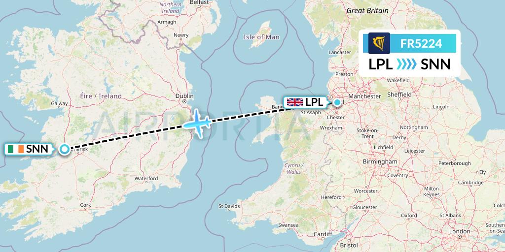FR5224 Ryanair Flight Map: Liverpool to Shannon