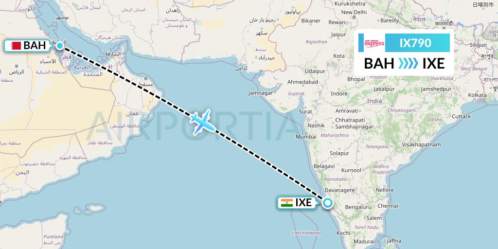 IX790 Air India Express Flight Map: Bahrain to Mangalore