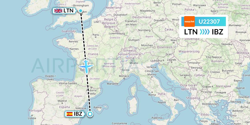 U22307 EasyJet Flight Map: London to Ibiza
