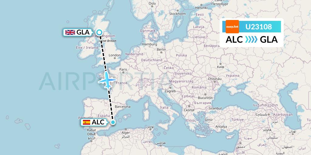 U23108 EasyJet Flight Map: Alicante to Glasgow