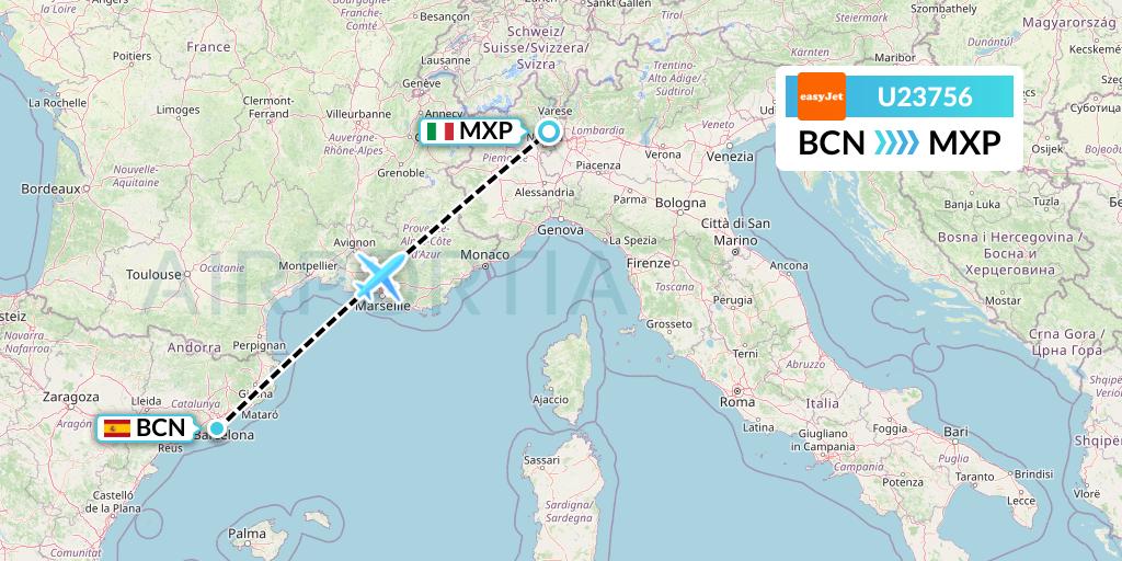 U23756 EasyJet Flight Map: Barcelona to Milan