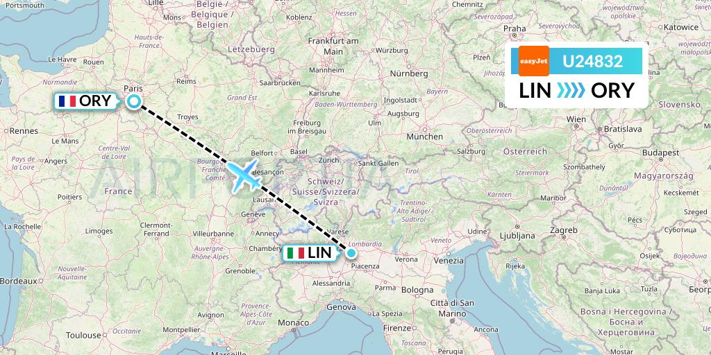 U24832 EasyJet Flight Map: Milan to Paris