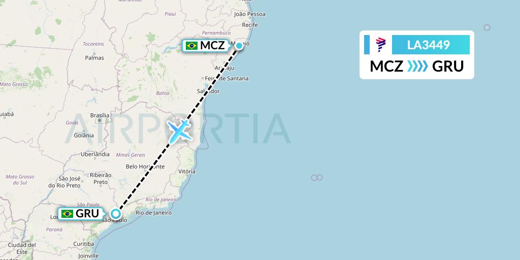 LA3449 LAN Airlines Flight Map: Maceio to Sao Paulo